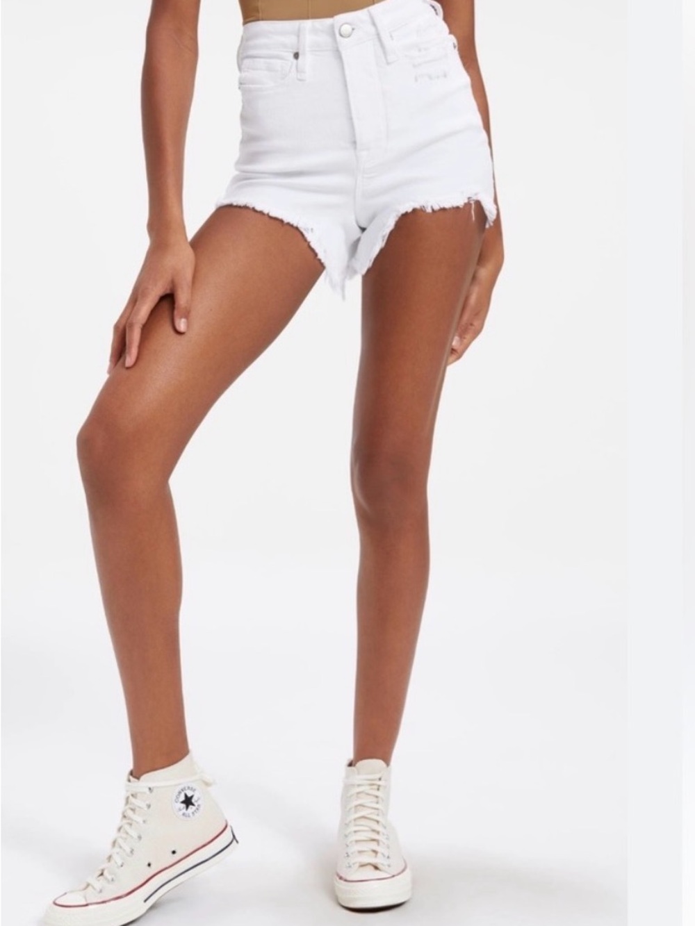 Good American White High-Rise Distressed Denim Shorts
